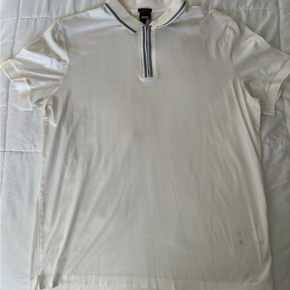 Polo shirt with blue details has zipper neck bottom up